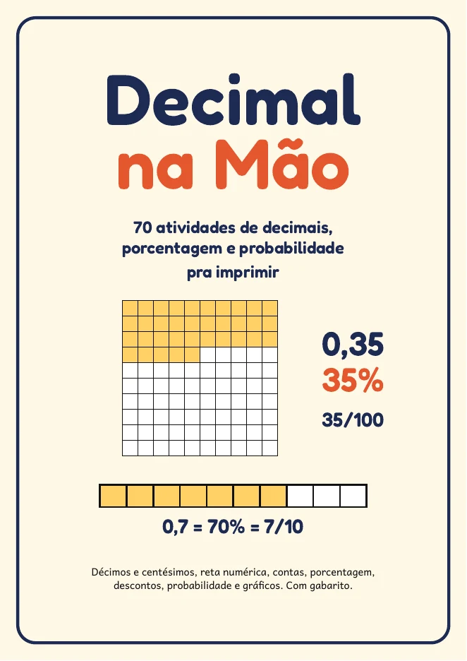 Capa do kit Decimal na Mão, com uma grade 10 por 10 com 35 quadradinhos pintados e as marcações 0,35, 35% e 35/100