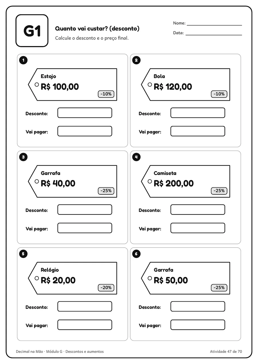 Folha G1 com etiquetas de preço e desconto