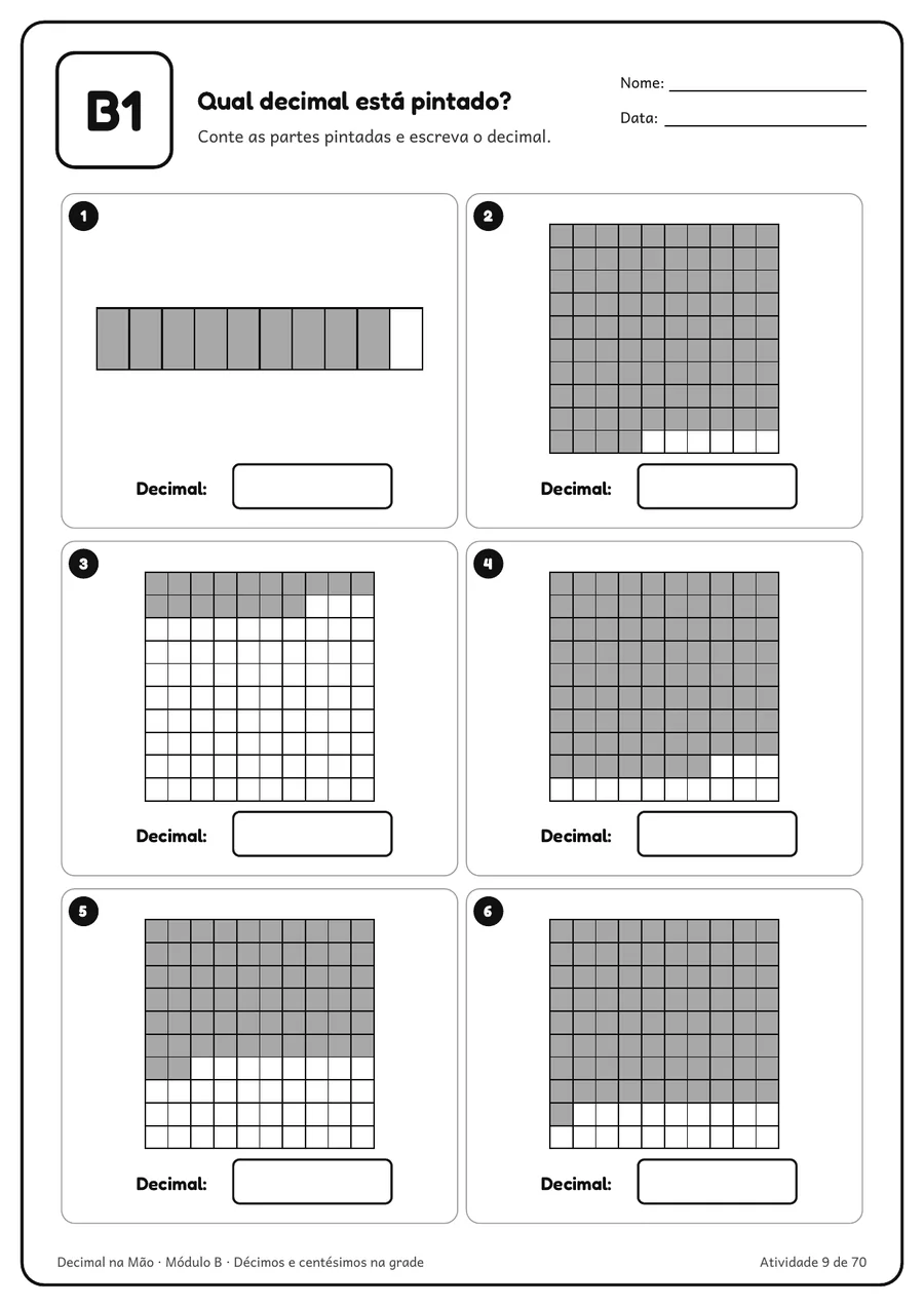 Folha B1 com barras e grades 10 por 10 pintadas, para escrever o decimal de cada uma