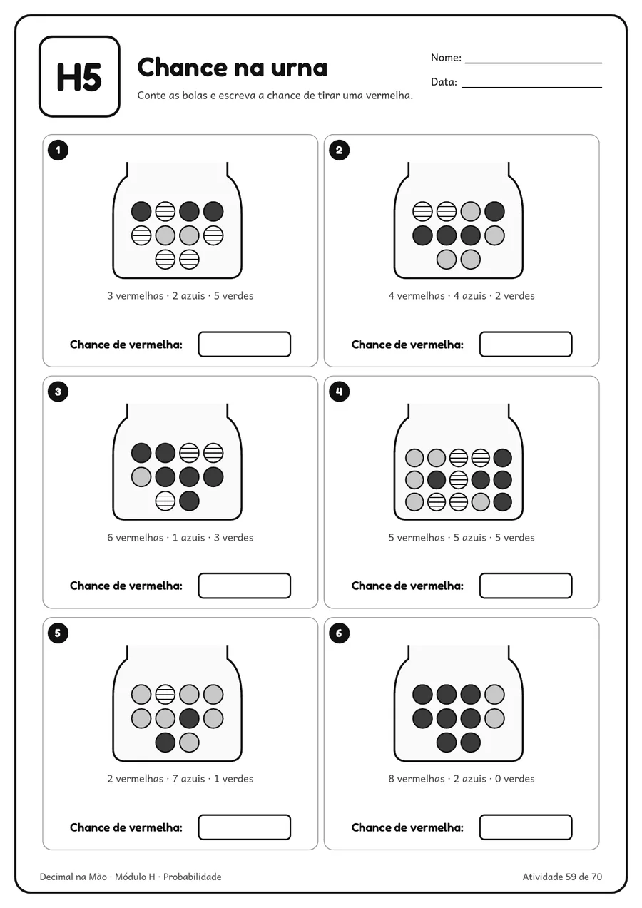 Folha H5 com urnas de bolinhas para escrever a chance de tirar uma vermelha
